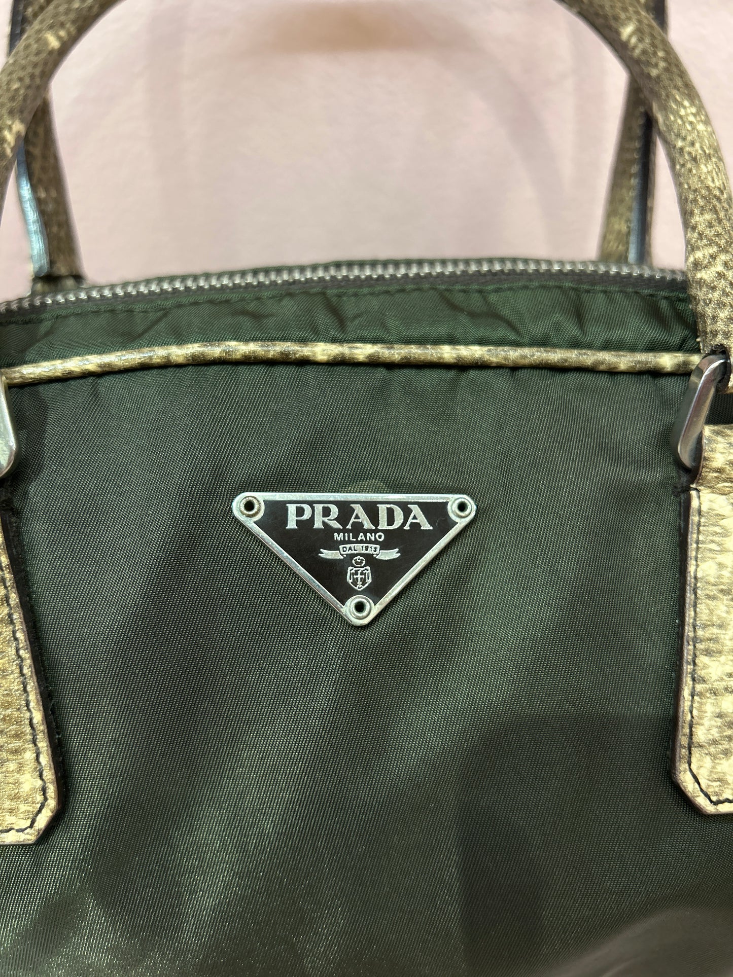 Prada Lizard Trim Nylon Khaki Shoulder Bag