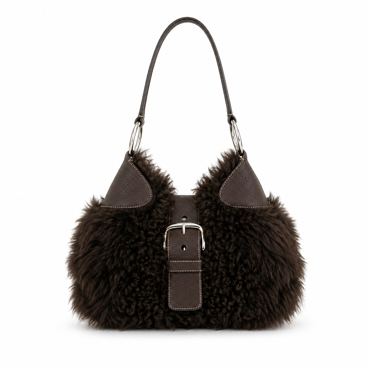 Prada Brown Shearling & Leather Hobo Bag