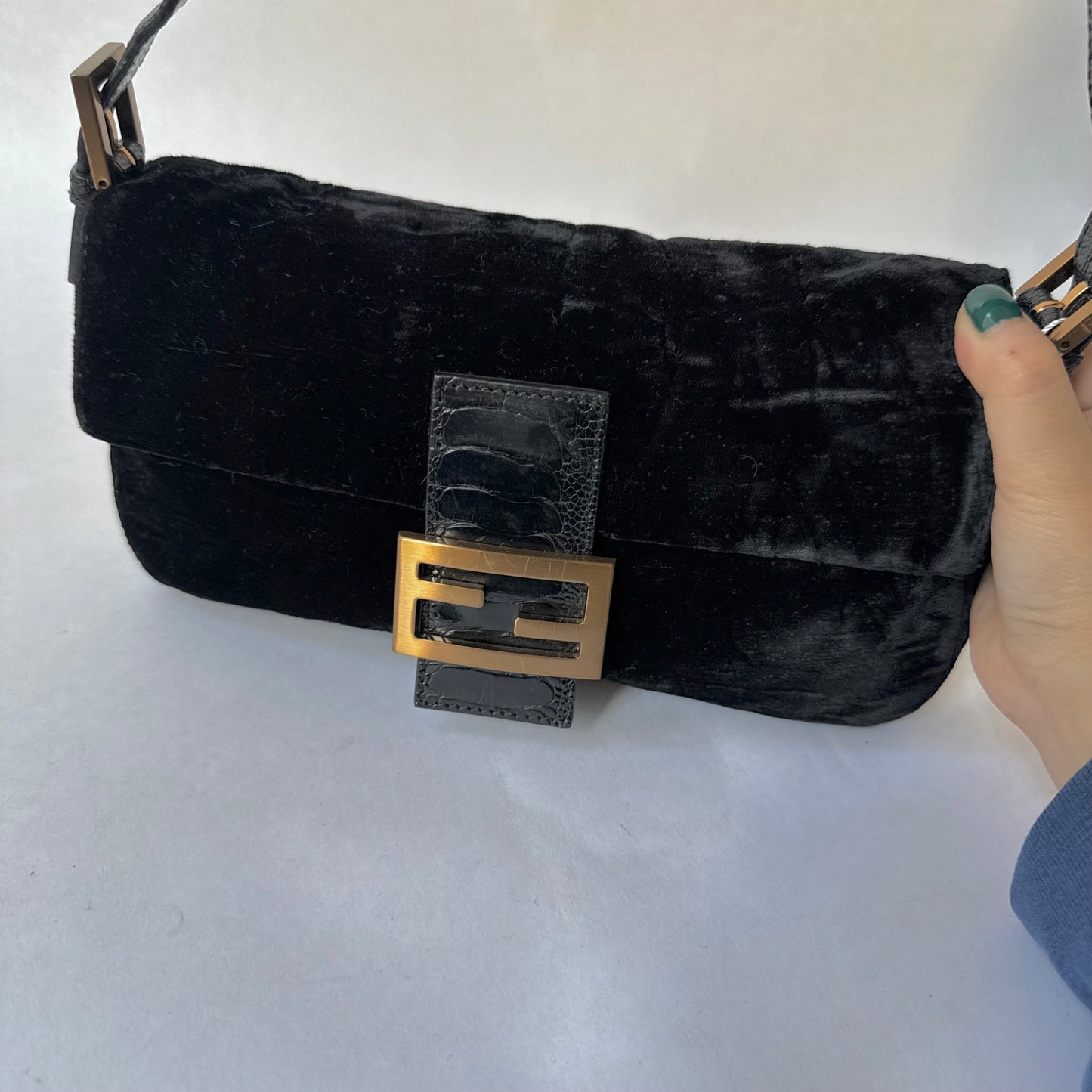 RARE Fendi Black Floral Embossed Velour & Crocodile GHW Baguette