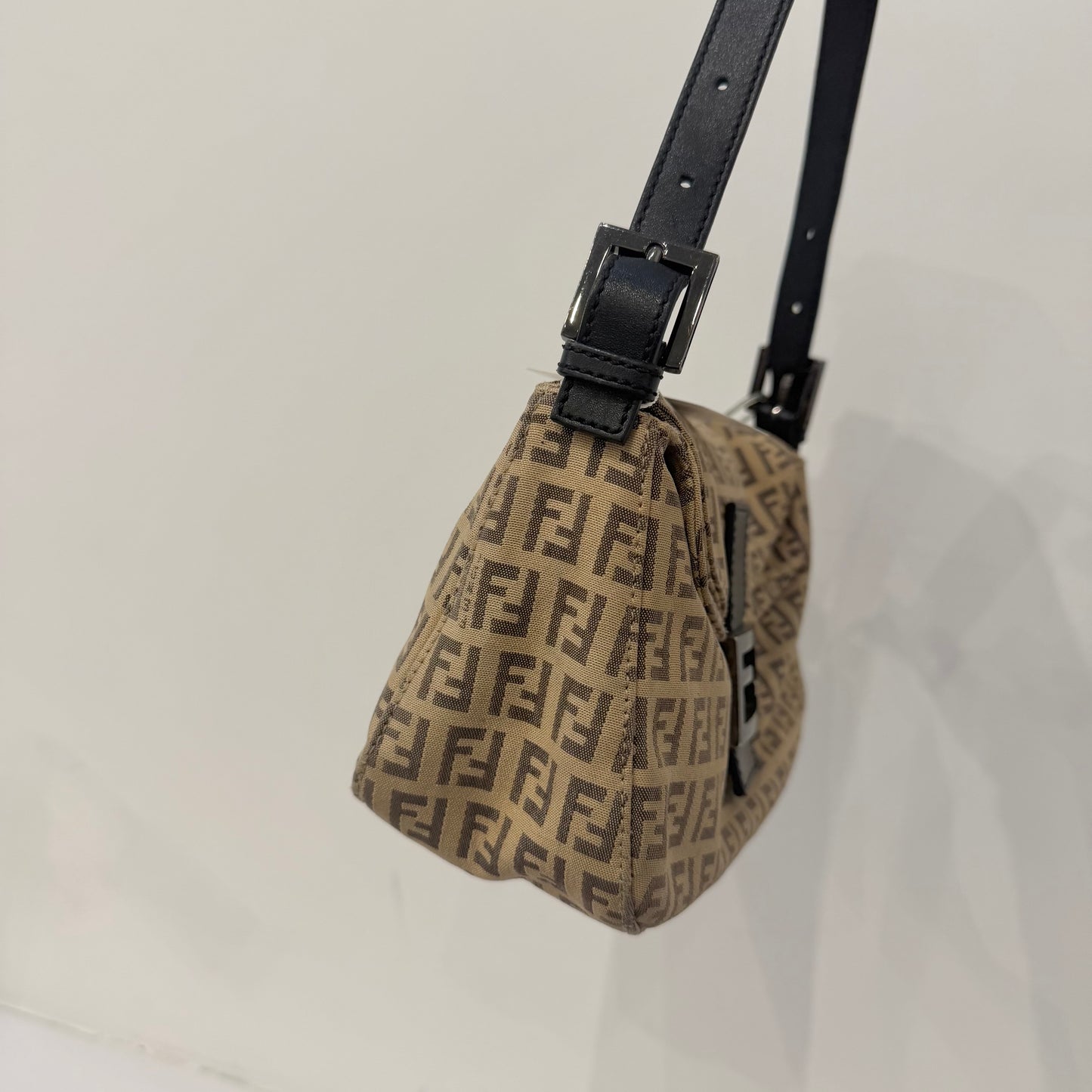 Fendi Brown Zucchino Canvas Rounded Double Flap Baguette