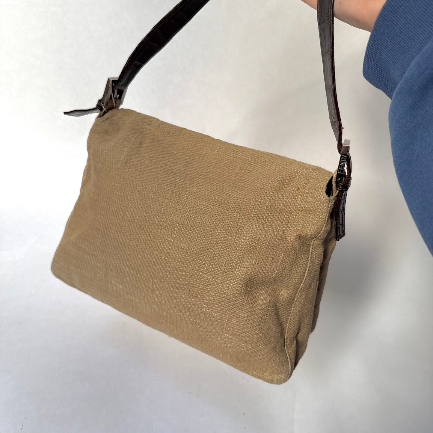 Fendi Brown Crocodile Leather Rafia Linen Mamma Baguette