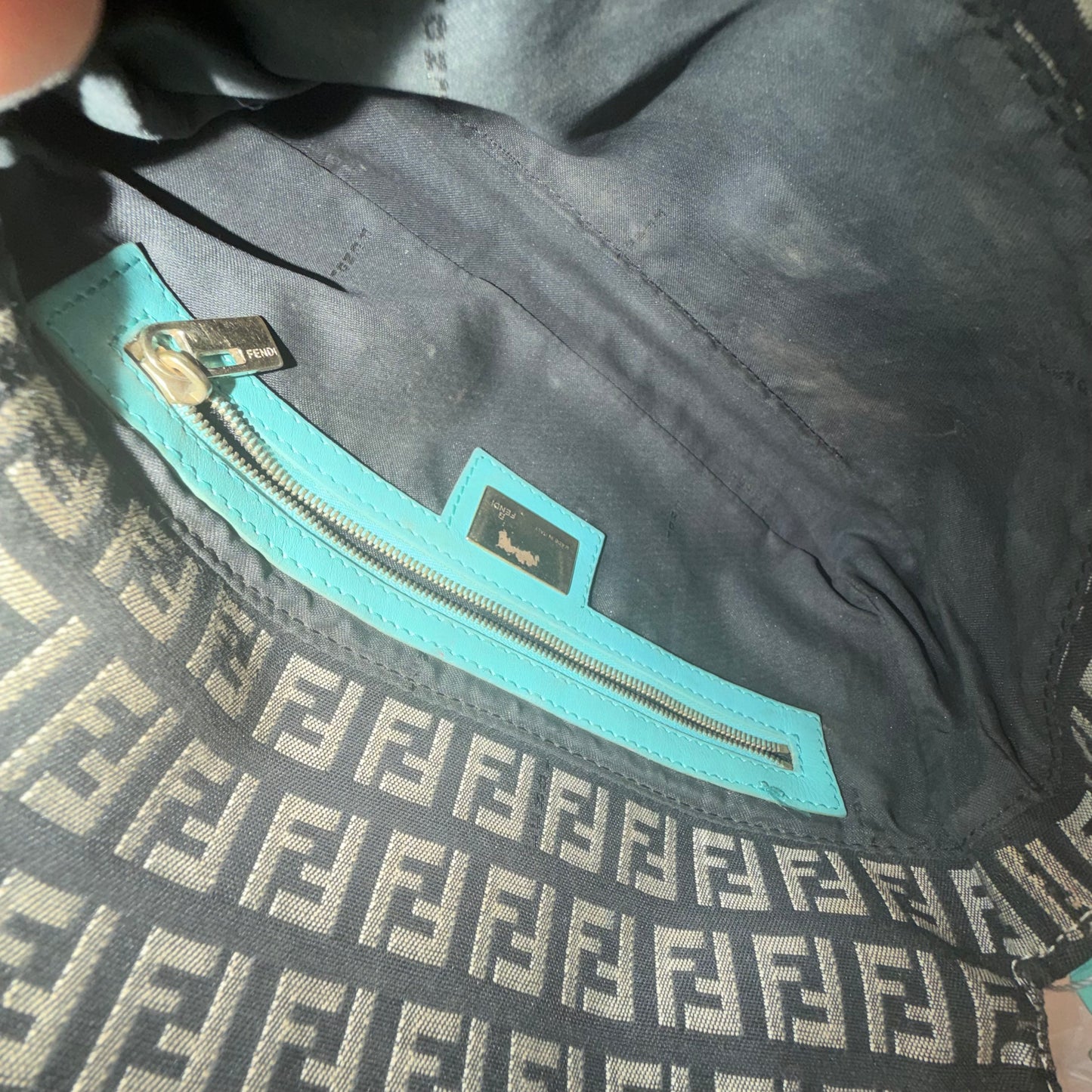 Fendi Black Zucchino Canvas & Teal Leather Baguette Shoulder Bag