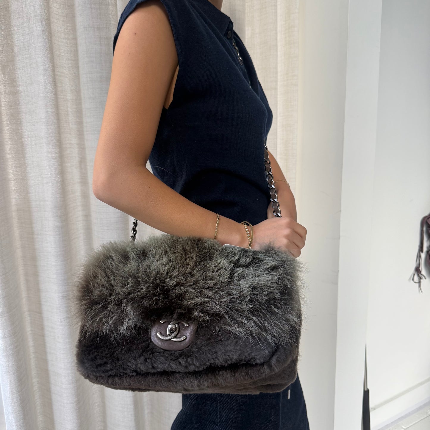 Chanel 2013 Green Ombre Fur Single Large Flap