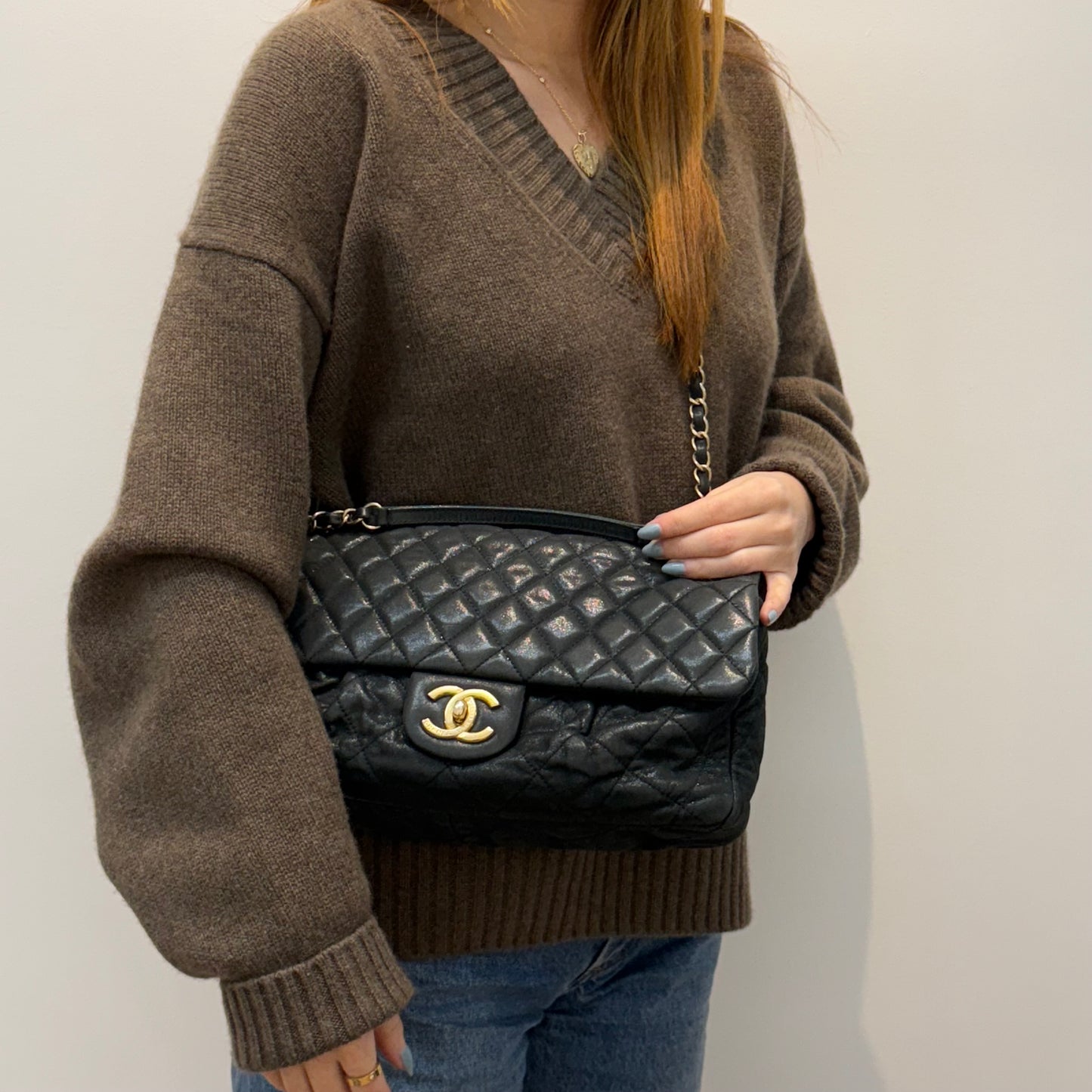 Chanel Dark Gunmetal Shiny Lambskin Flap Shoulder Bag w/ Chain Strap