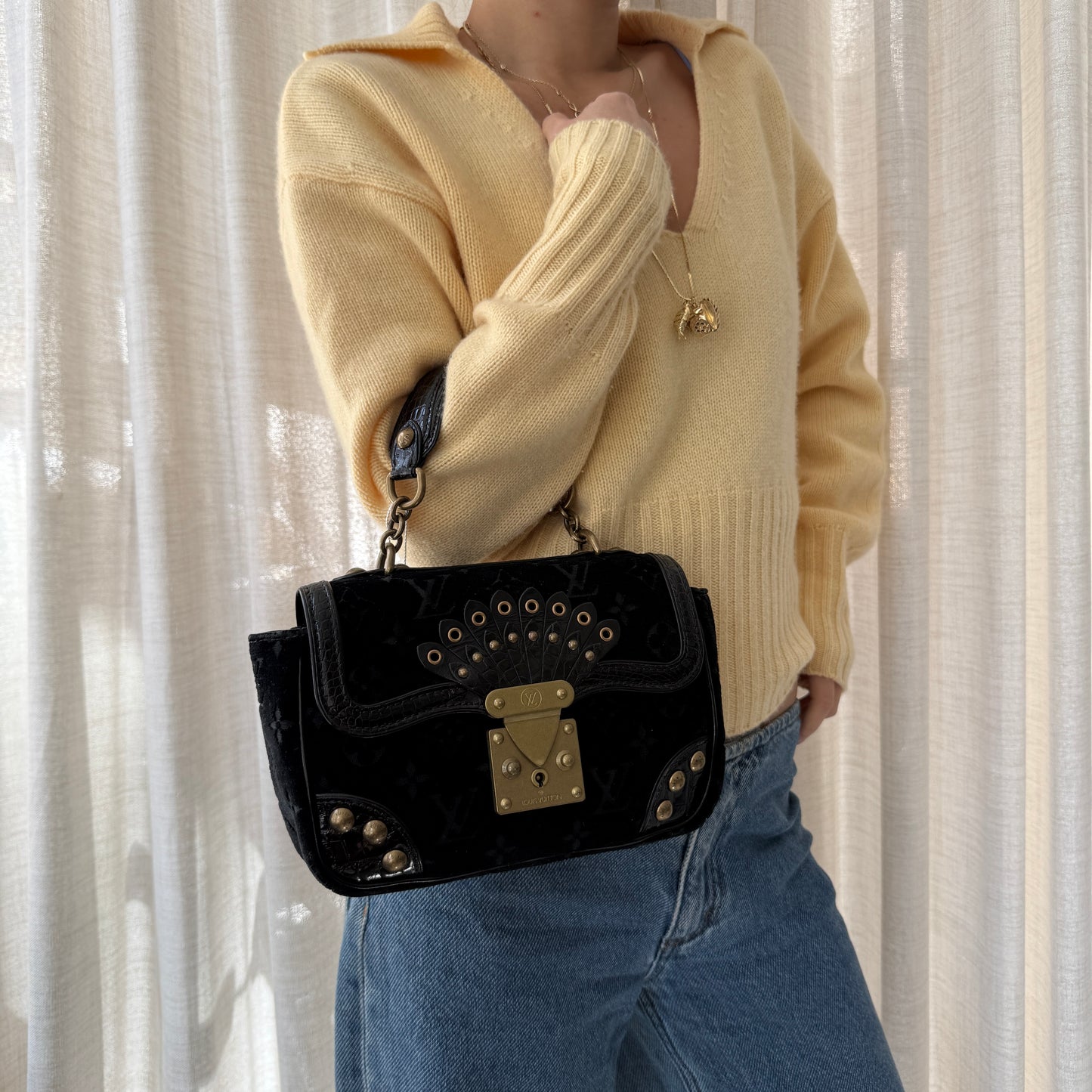 Louis Vuitton Black Velour & Alligator Irvine Top Handle Bag