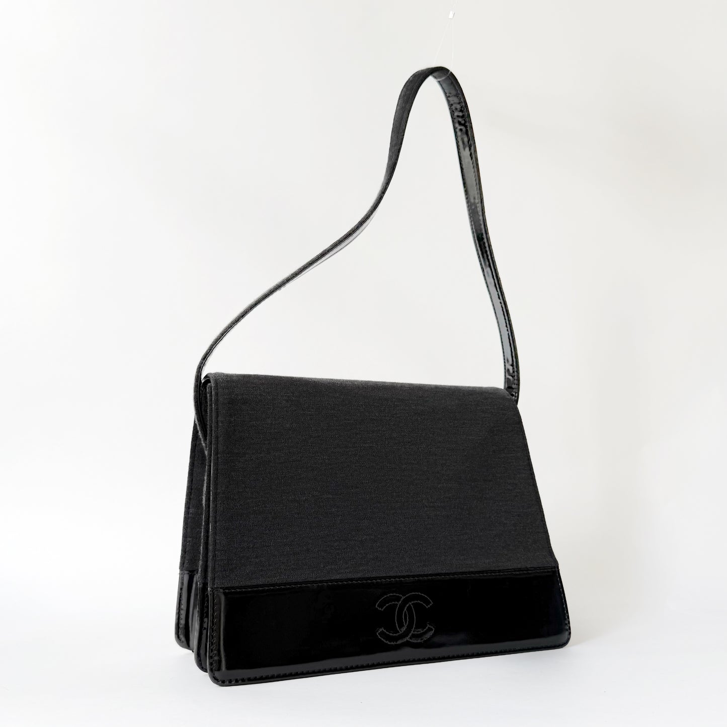 Chanel Black & Gray Jersey Shoulder Bag w/ Patent Leather