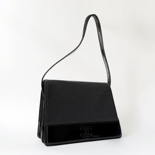Chanel Black & Gray Jersey Shoulder Bag w/ Patent Leather