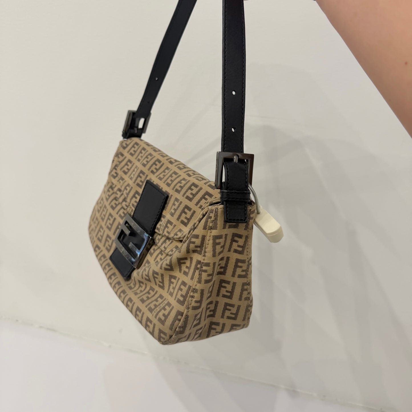 Fendi Brown Zucchino Canvas Rounded Double Flap Baguette