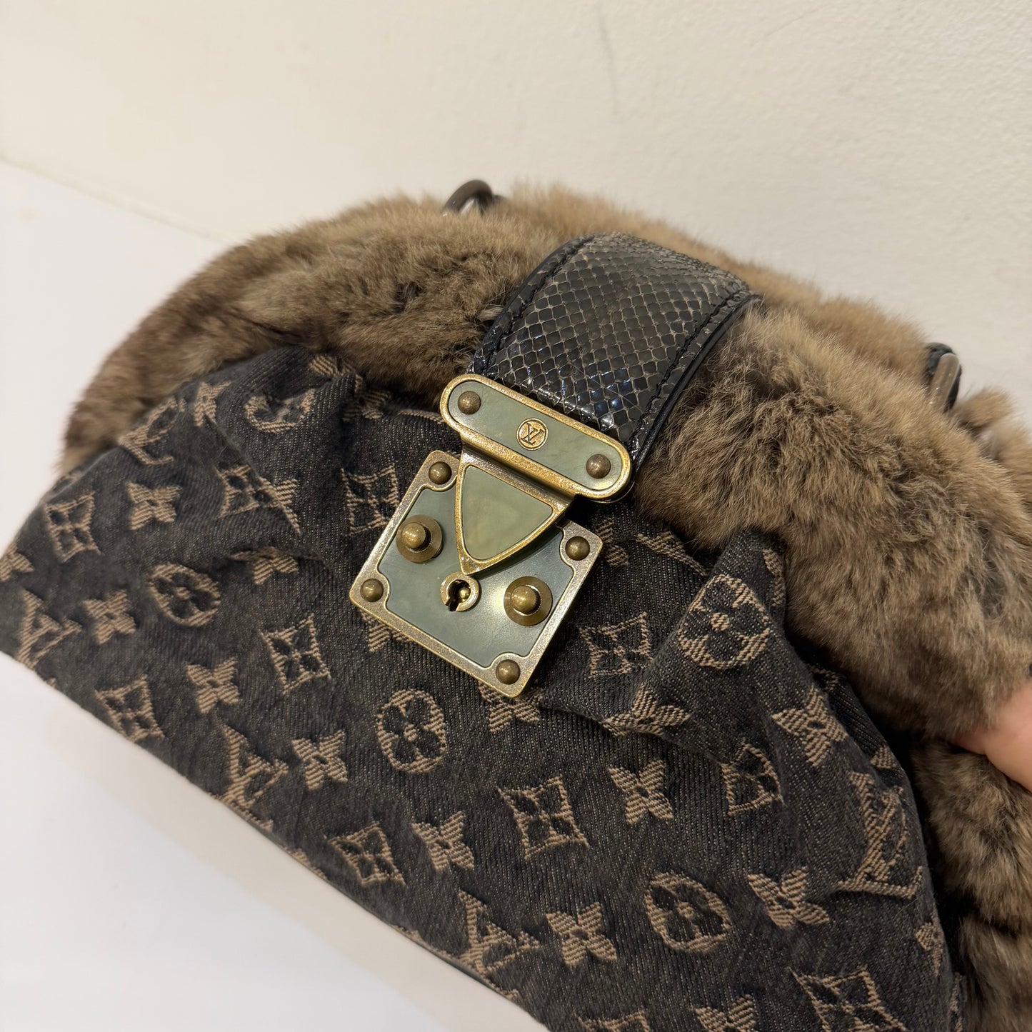 Louis Vuitton Brown Monogram Denim Chinchilla Demi Lune Bowler Bag