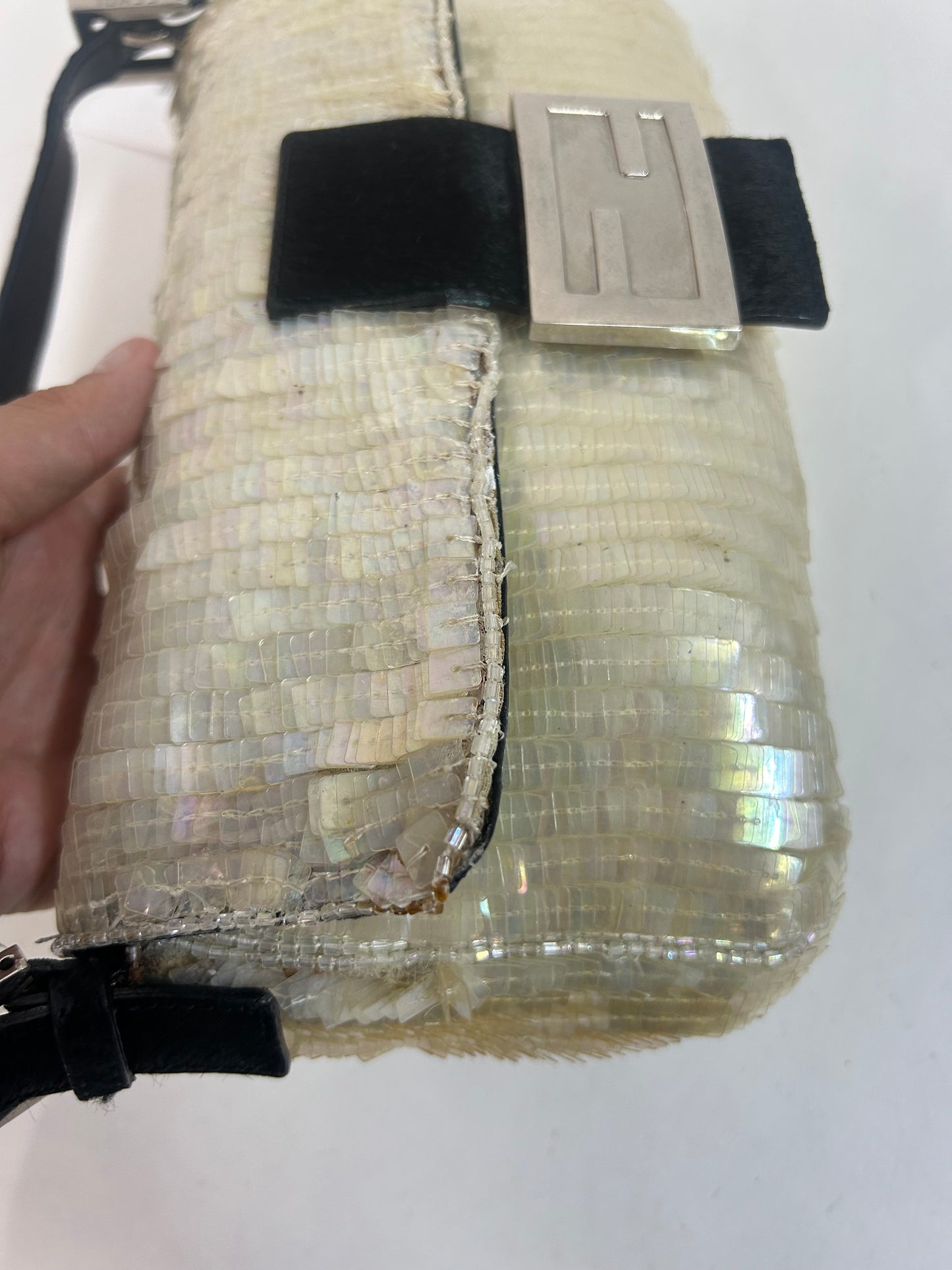 Fendi Ivory Shimmer Sequin & Beaded Baguette with Ponyhair Shoulder Bag