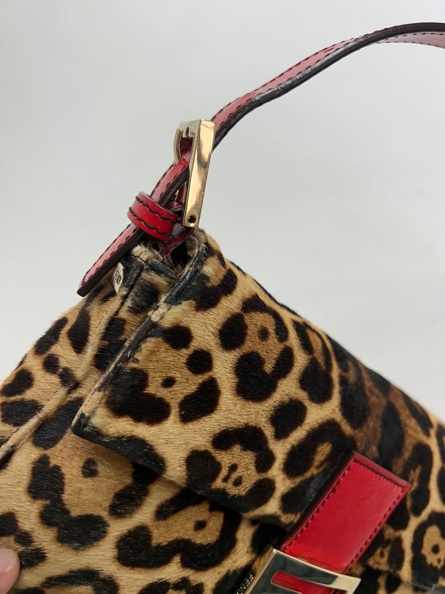 RARE Fendi Brown & Red Ponyhair & Leather Cheetah Printed Baguette Shoulder Bag GHW