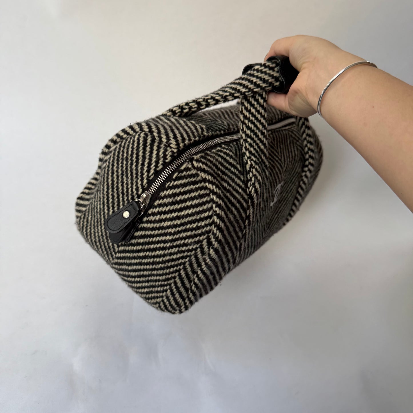 Chanel Black & White Wool Chevron Bowler Bag