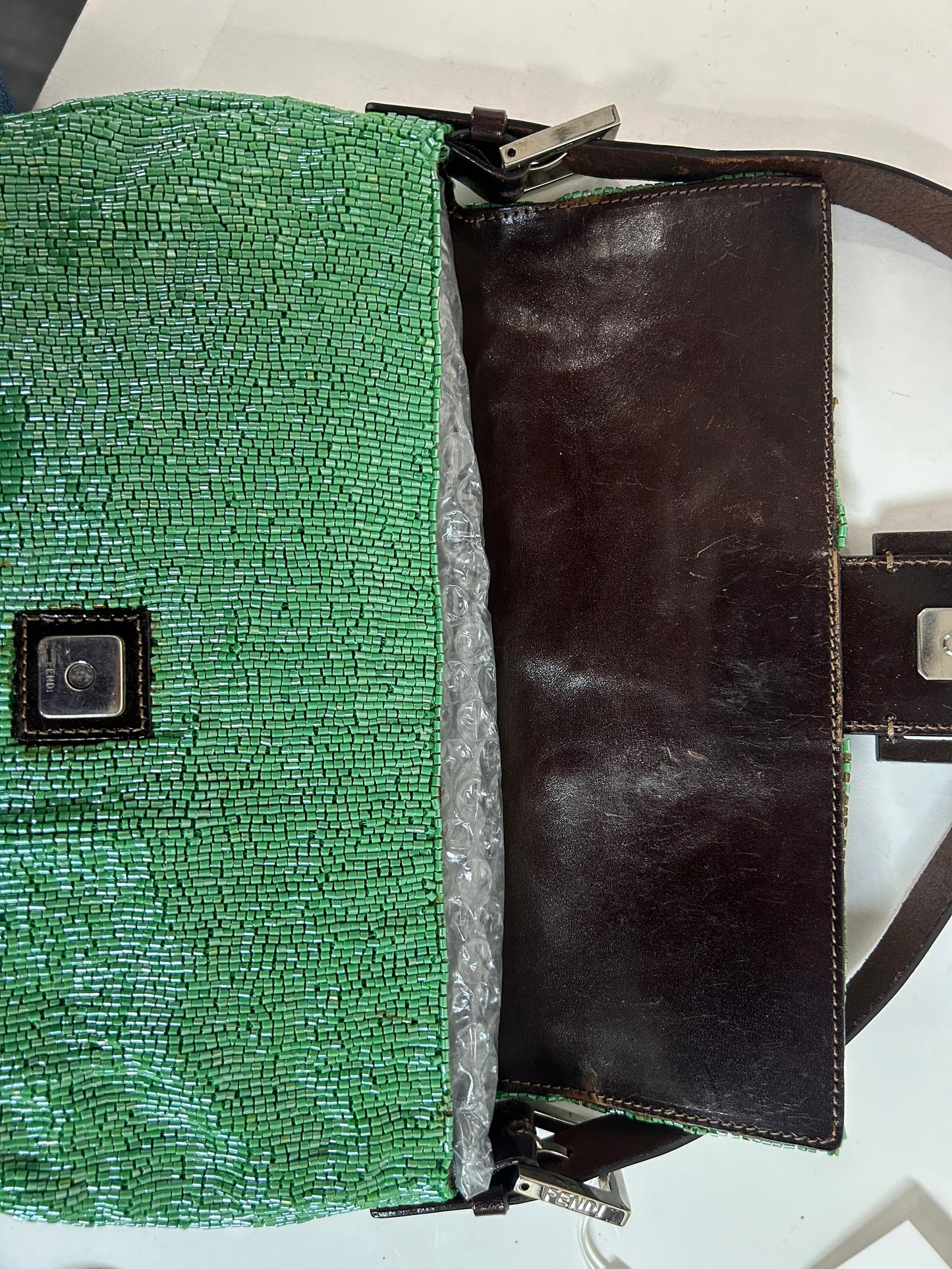 Fendi Green & Brown Beaded & Leather Baguette Shoulder Bag