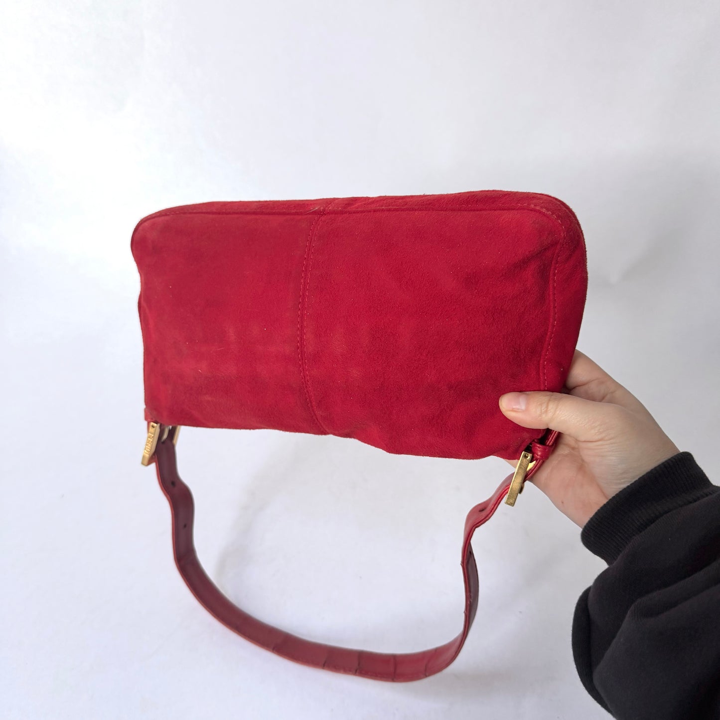 Fendi Red Suede & Leather Baguette Shoulder Bag
