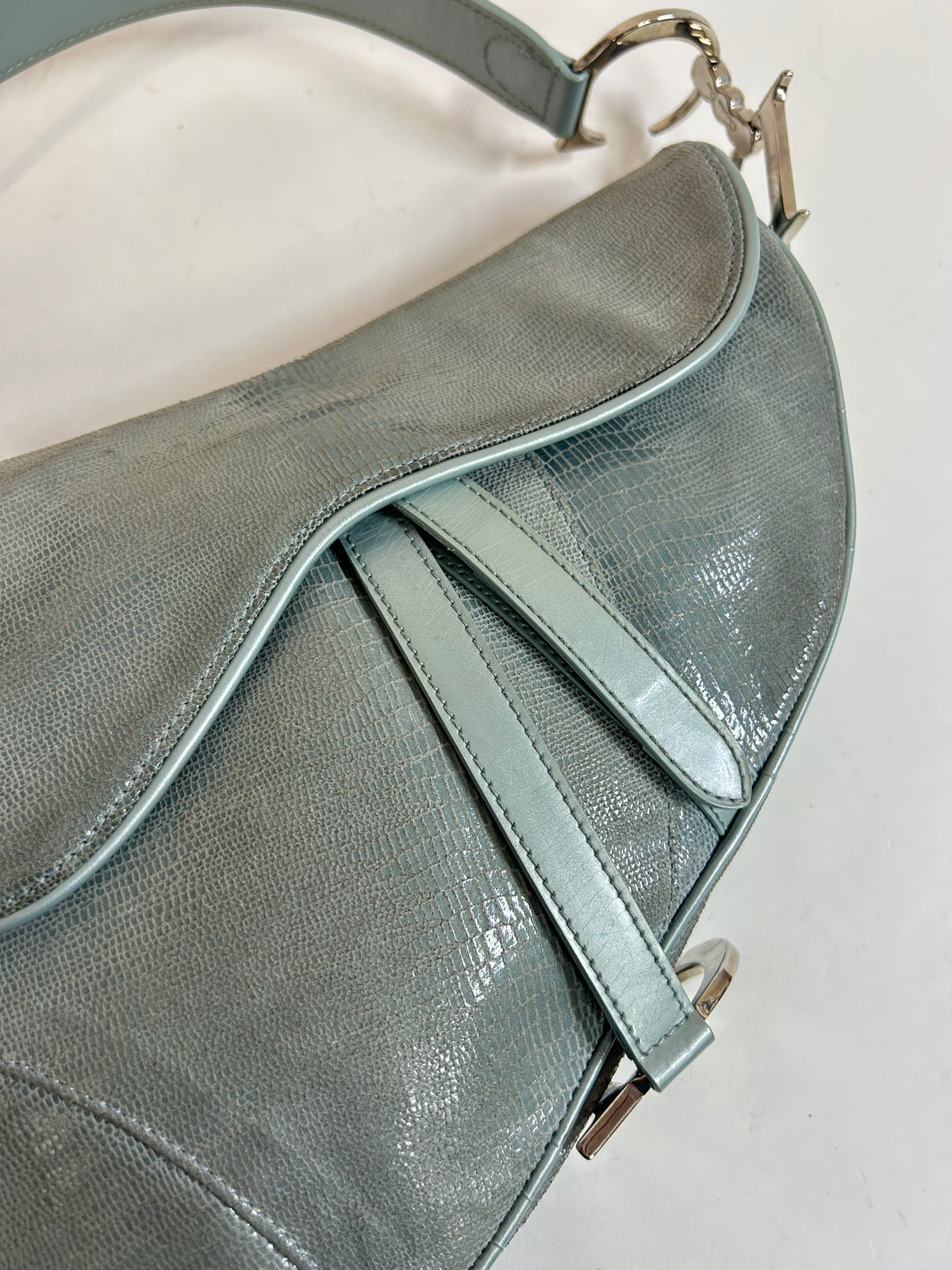 Christian Dior Light Blue Lizard Embossed Saddle Bag
