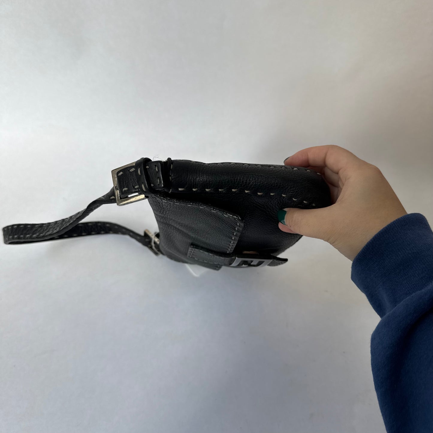 Fendi Black Selleria Leather Stitched Baguette Shoulder Bag