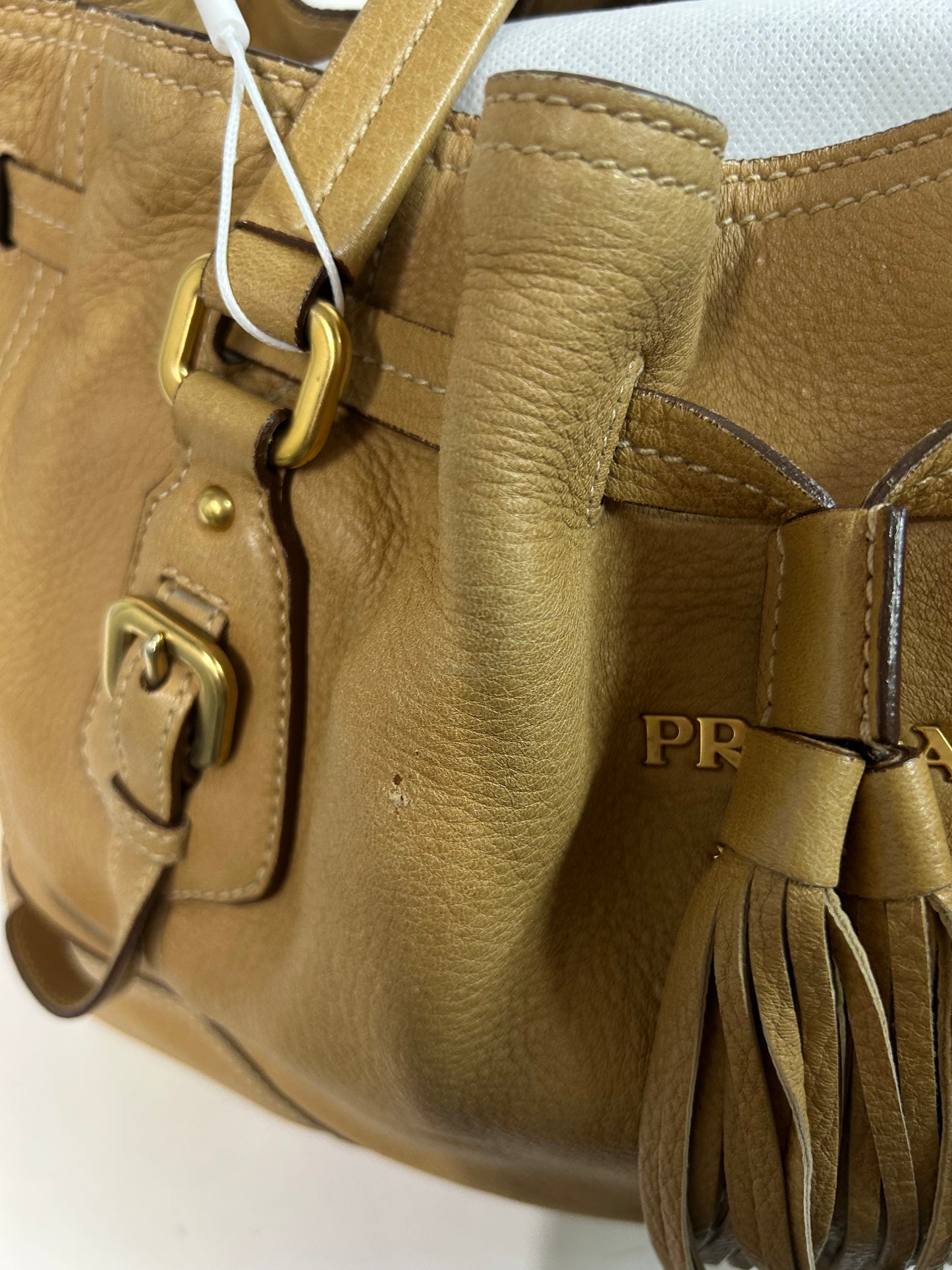 Prada Brown Lambskin Leather Tassel Drawstring Hobo Bag