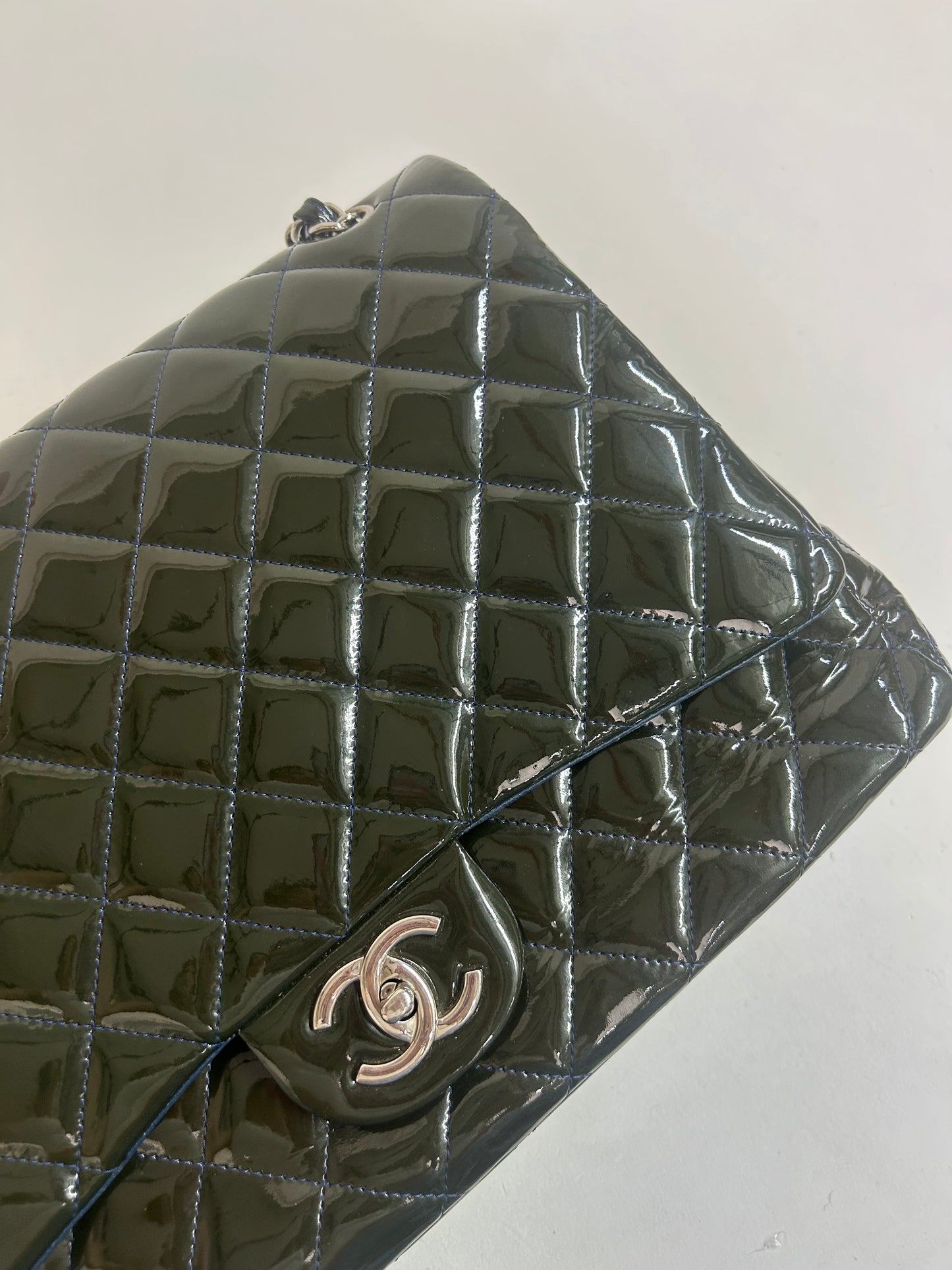 Chanel Patent Leather Dark Green Maxi Double Flap Shoulder Bag