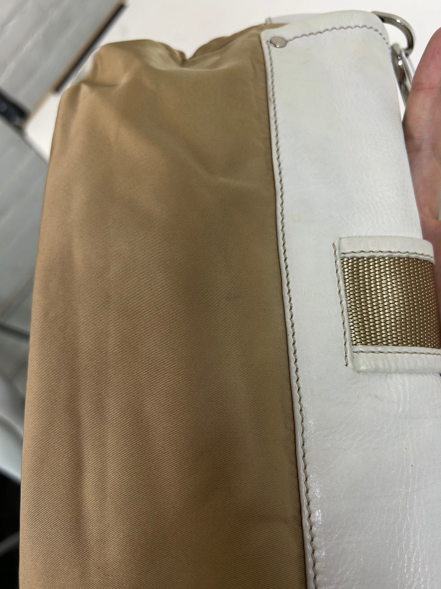 Prada White Leather & Beige Nylon Shoulder Bag