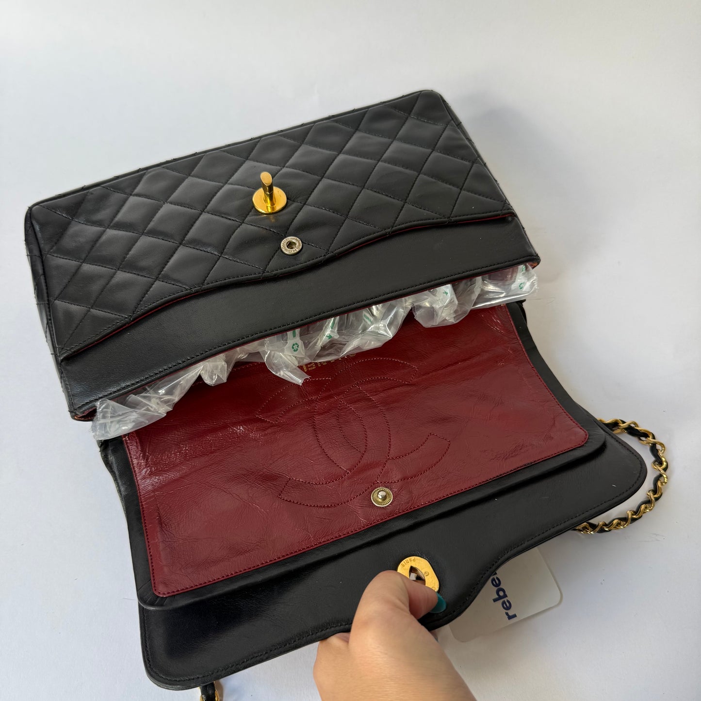 Chanel 1986 Black Lambskin Two-Tone Vintage Double Flap Bag