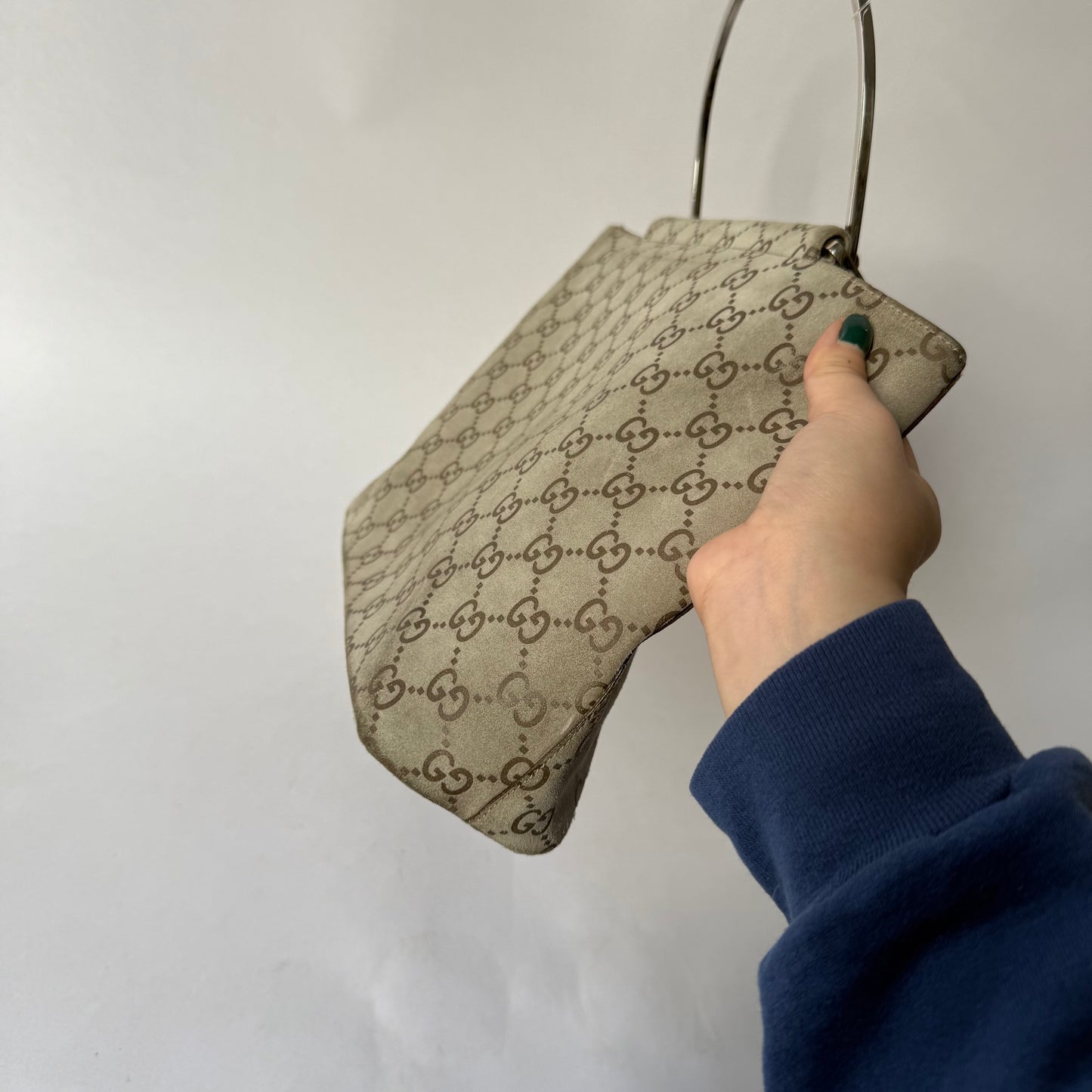 Gucci Beige Suede Monogram SIlver Top Handle Bag