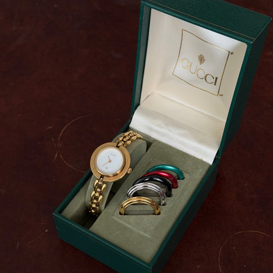 Gucci Gold Rice Link White Dial Bezel Watch w/ 5 Bezels