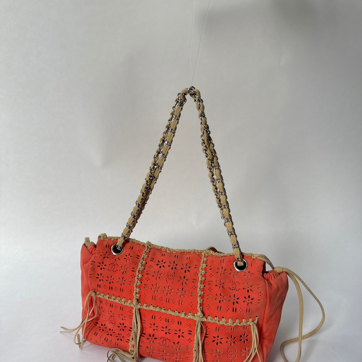 Chanel Orange Suede Perforated Fringe Flap Shoulder Bag