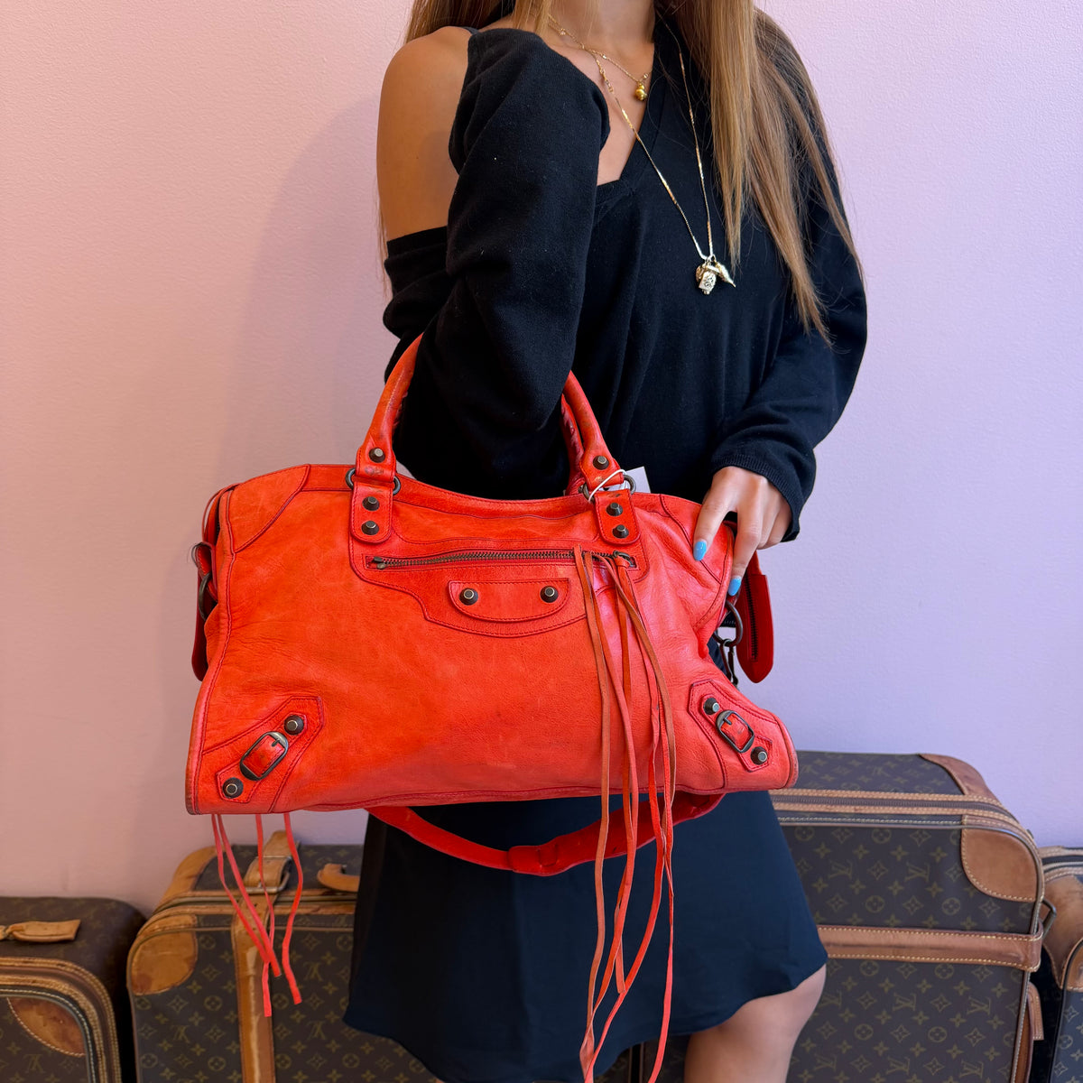 Balenciaga Fire Red City Bag w/ Bronze Hardware