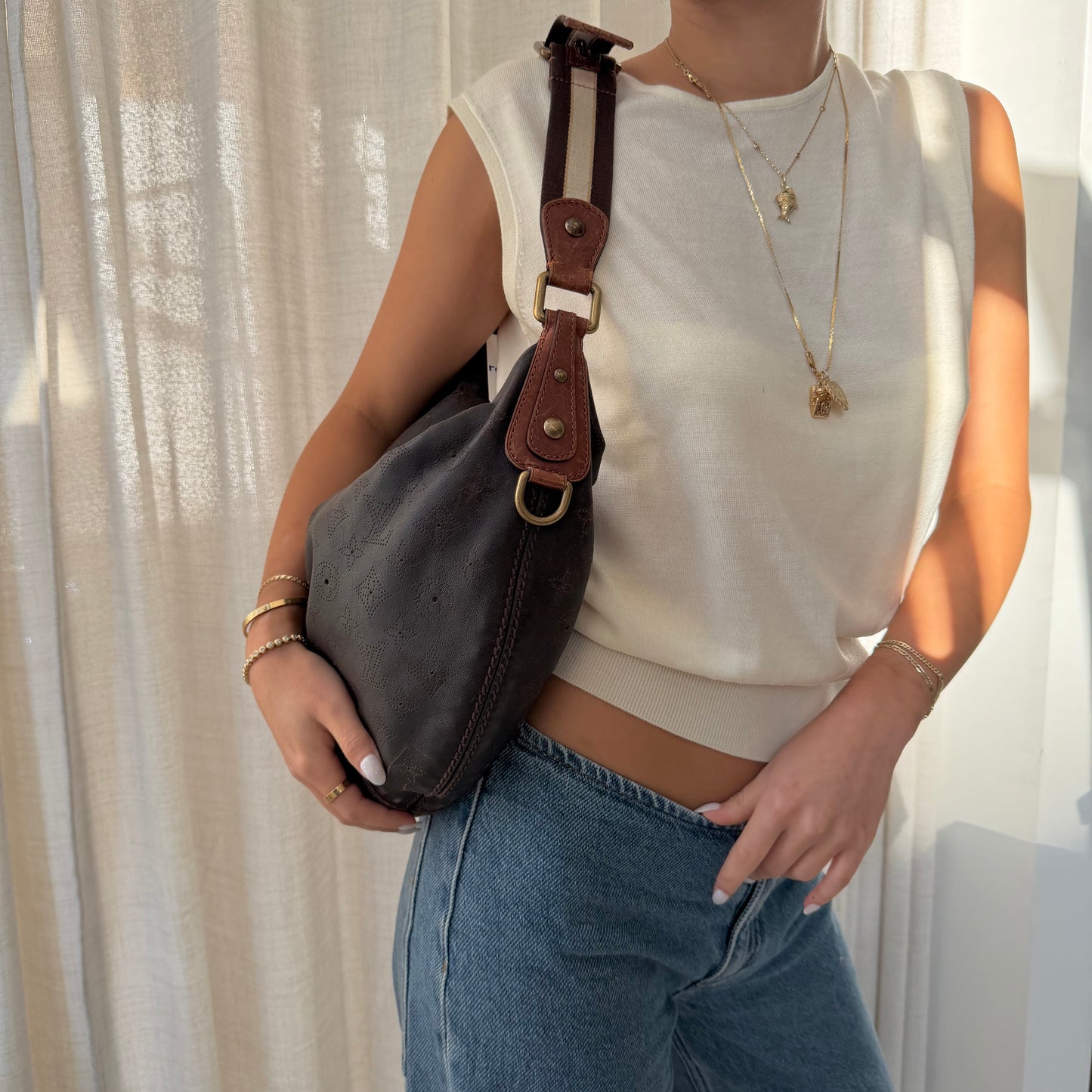 Louis Vuitton Brown Leather Monogram Perforated Mahina Onatah Hobo Bag