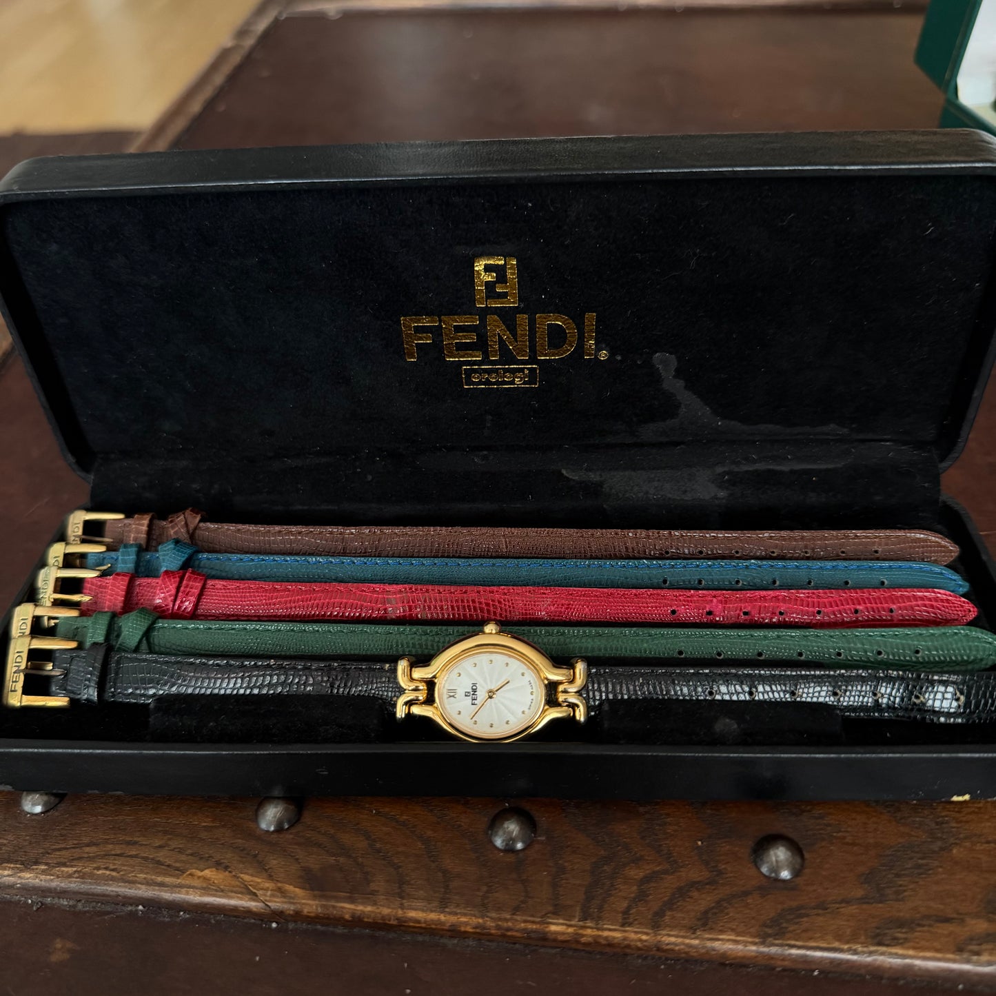 Fendi Mother Of Pearl 18k GP Watch w/ 5 Interchangeable Snake Embossed Leather Straps