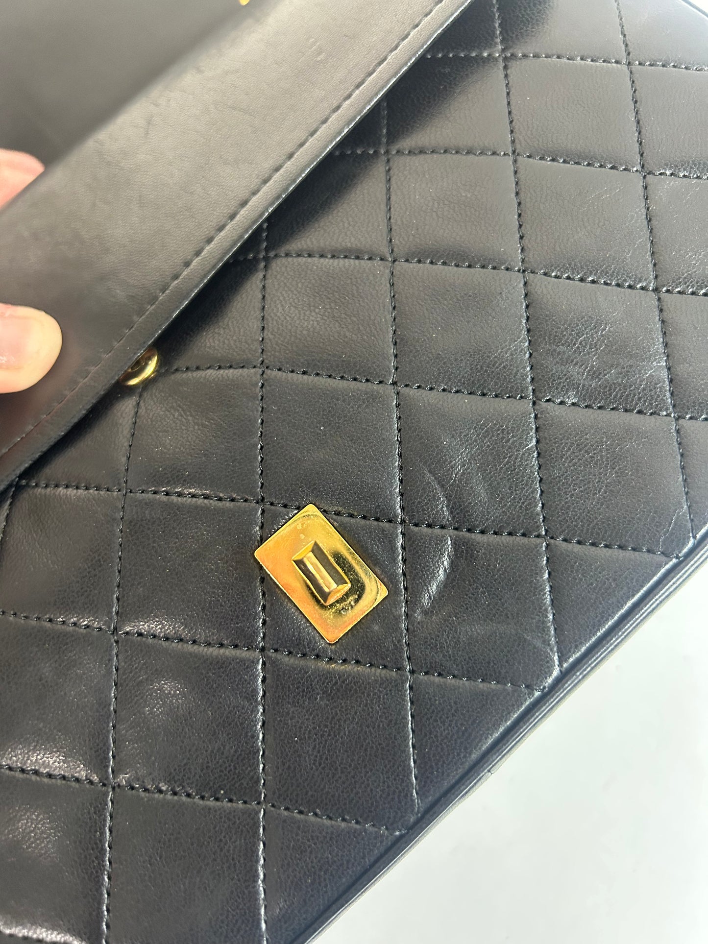 Chanel Black Lambskin Leather Quilted Medium Kelly Flap Top Handle Bag