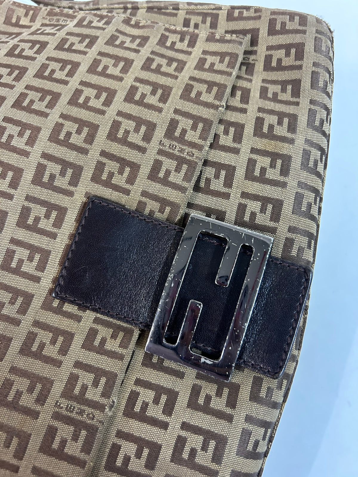 Fendi Brown Canvas Zucchino Monogram Mamma Baguette Shoulder Bag