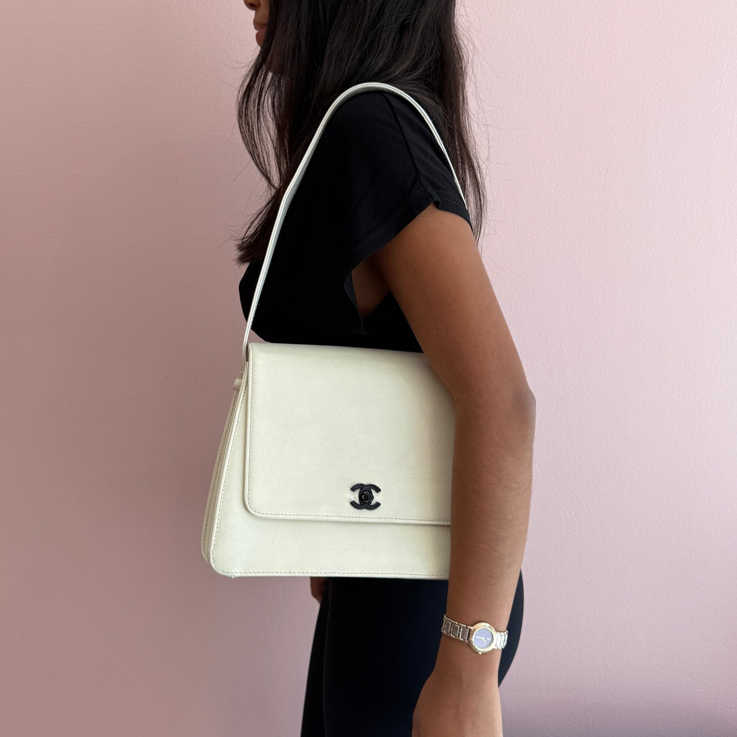 Chanel White Caviar Turnlock Shoulder Bag