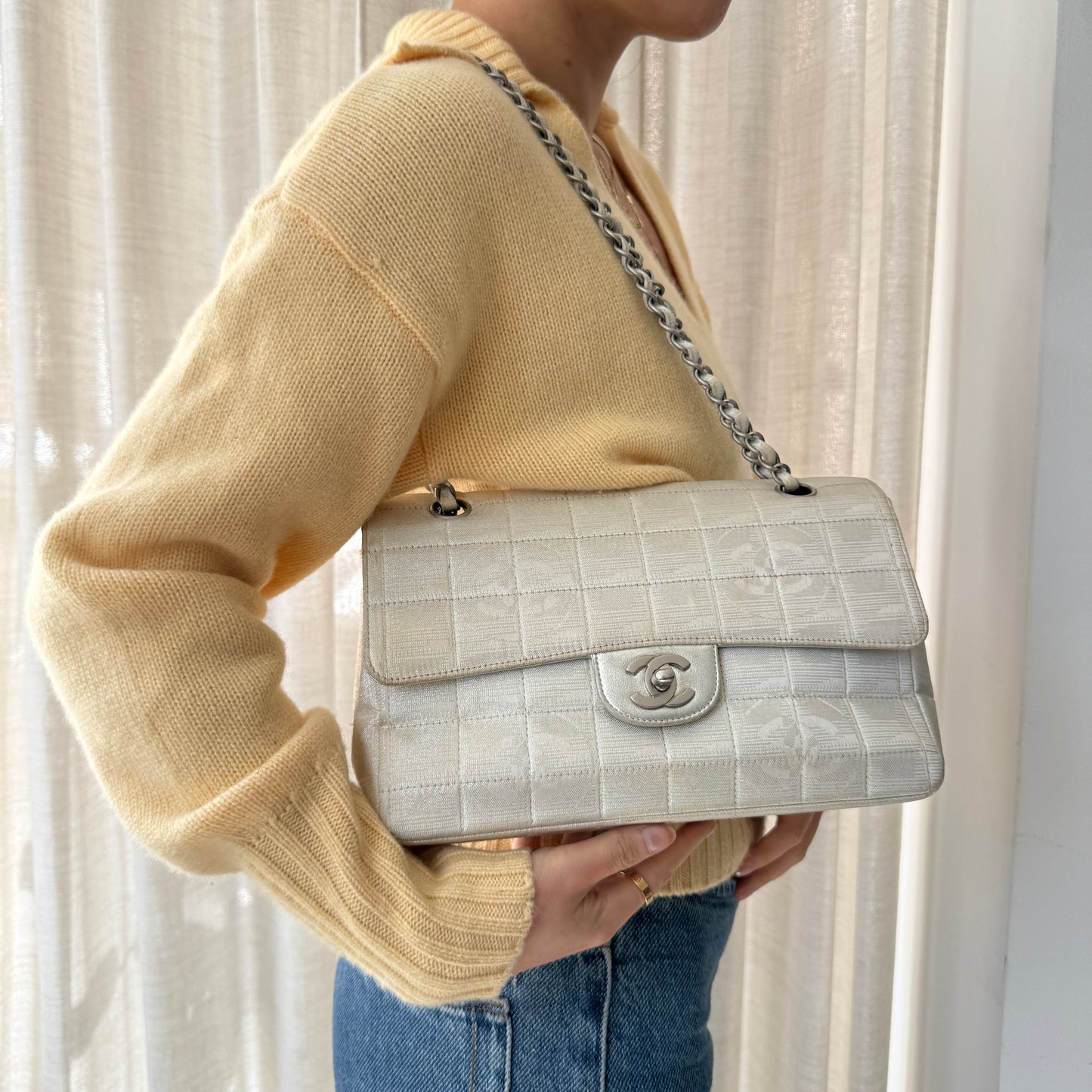 Chanel 2000 Silver Canvas Travel Line Flap