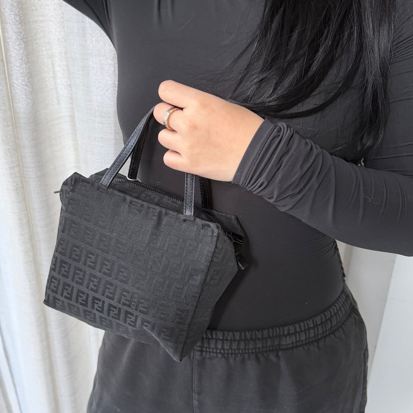 Fendi Black Zucchino Monogram Mini Nylon Top Handle Tote