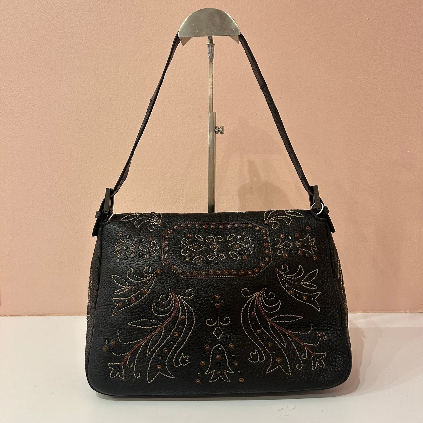 Fendi Dark Brown Pebbled Leather Lizard Trim Stitched Detail Mama Baguette