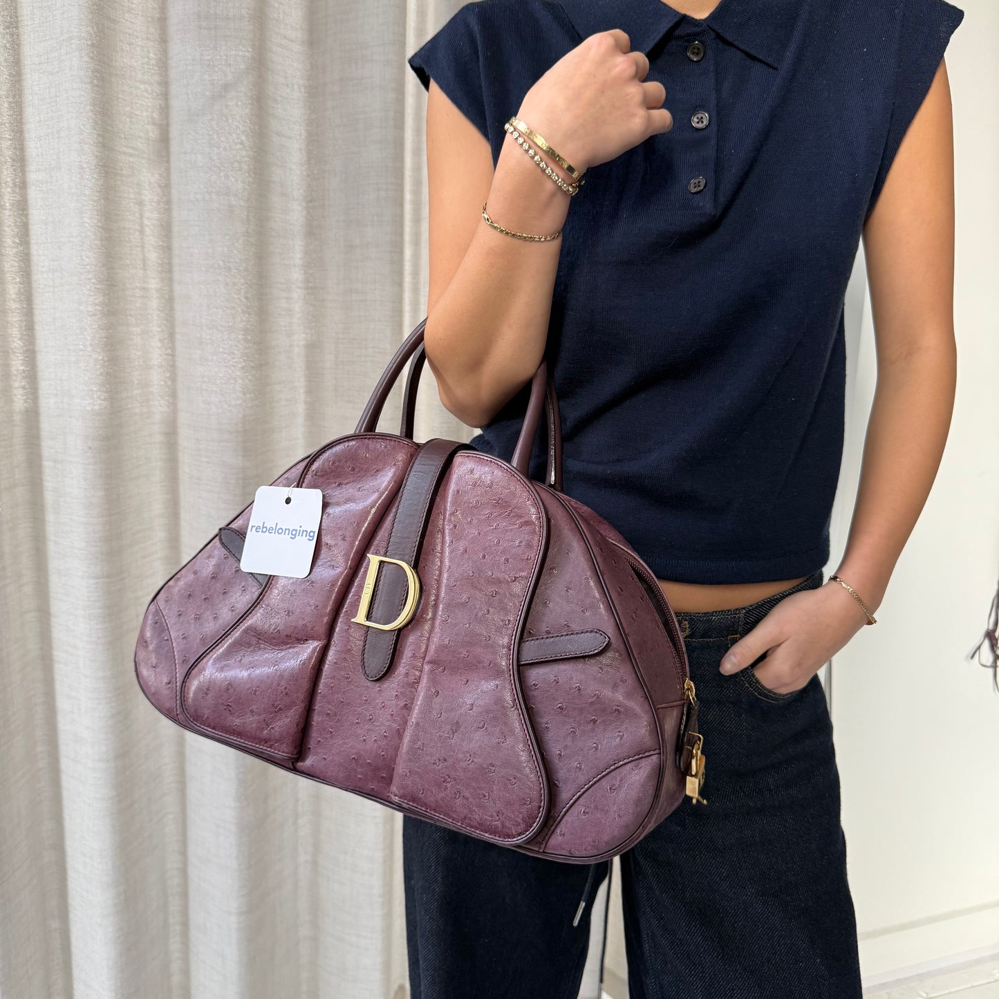 Christian Dior Large Purple Ostrich Double Saddle Bowler Bag