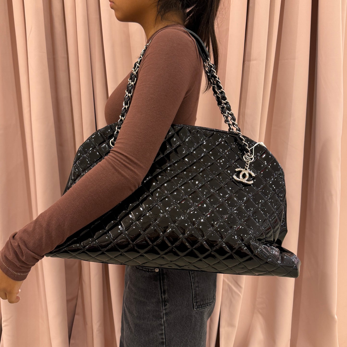 Chanel Black Patent Leather Quilted Just Mademoiselle Bowler Bag SHW
