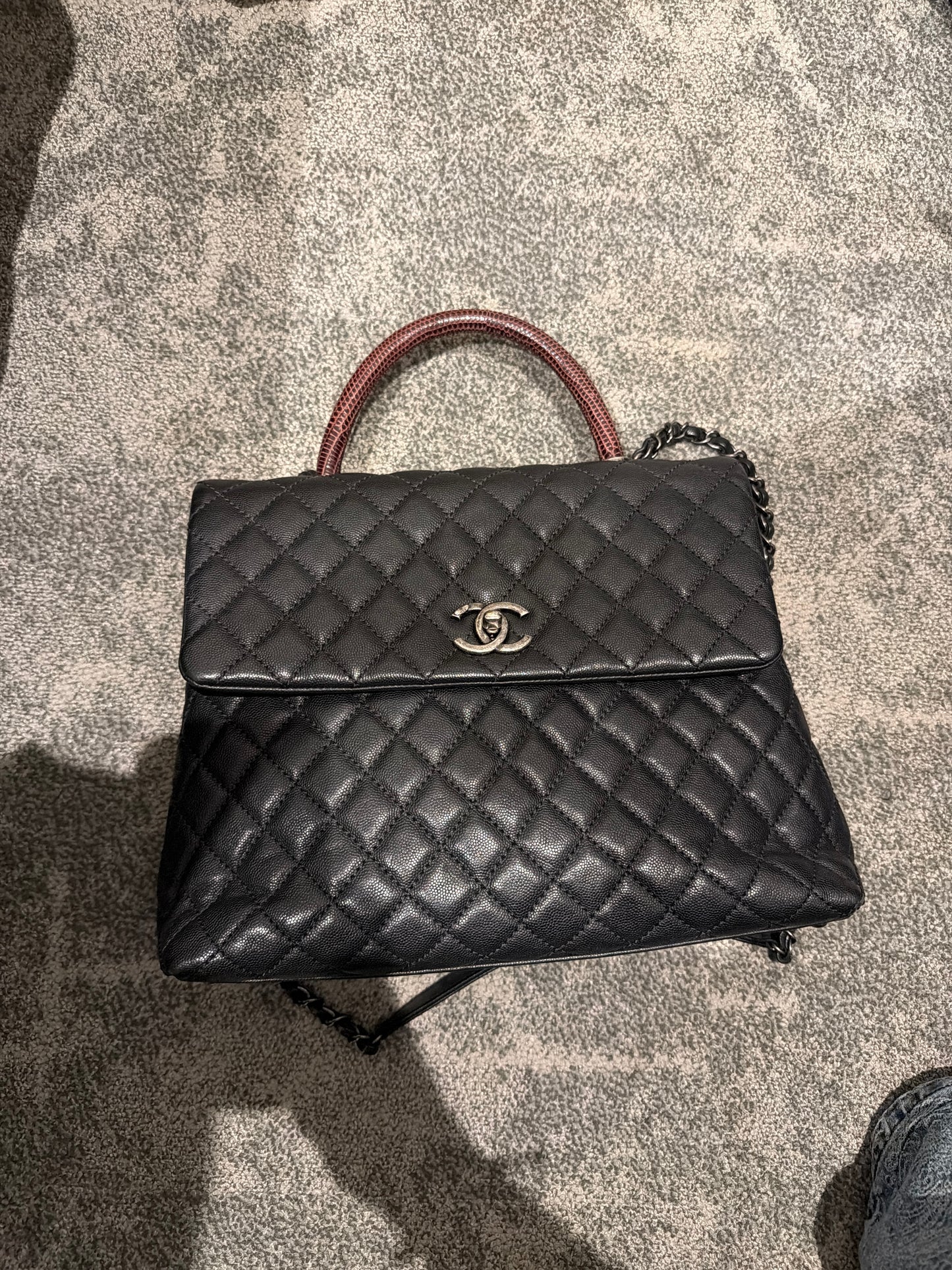 Chanel Black & Burgundy Caviar Leather & Lizard Coco Handle Flap