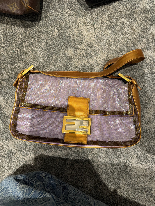 Fendi Lavender & Bronze Beaded Leather Baguette Shoulder Bag