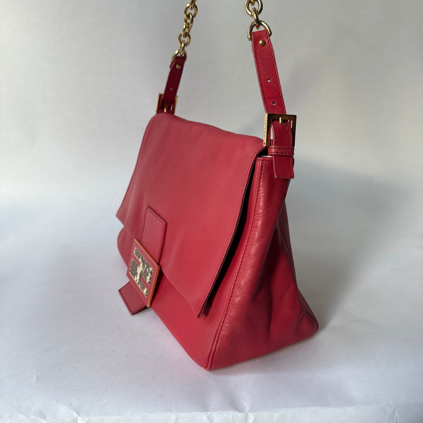 Fendi Red Leather Python Detail Mama Baguette Shoulder Bag