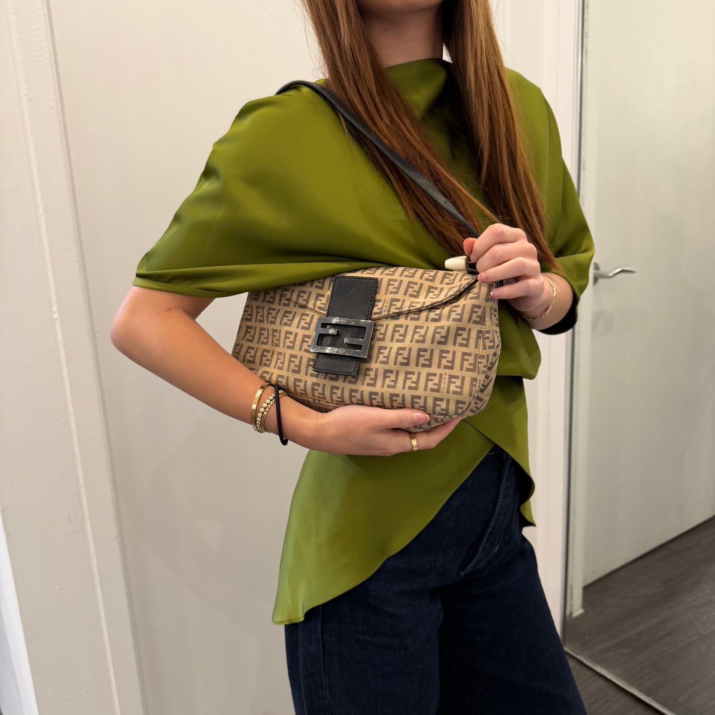 Fendi Brown Zucchino Canvas Rounded Double Flap Baguette