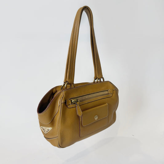 Prada Mustard Brown Pebbled Leather Shoulder Bag