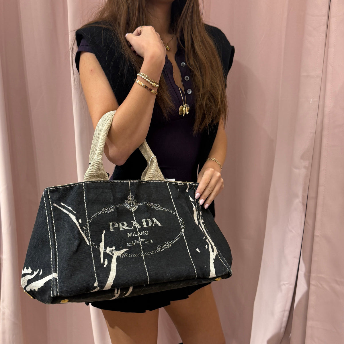 Prada Black & White Canvas Canapa