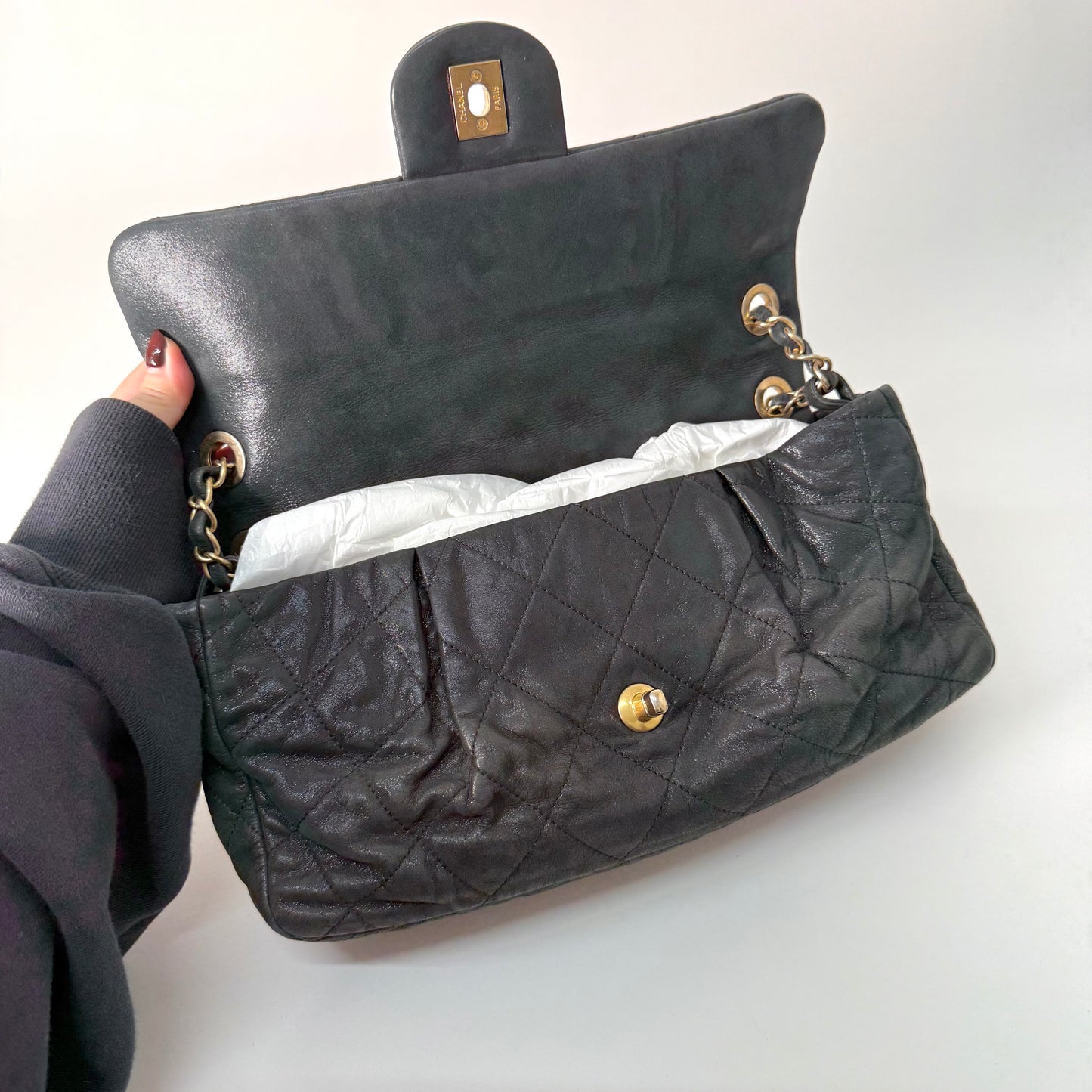 Chanel Dark Gunmetal Shiny Lambskin Flap Shoulder Bag w/ Chain Strap
