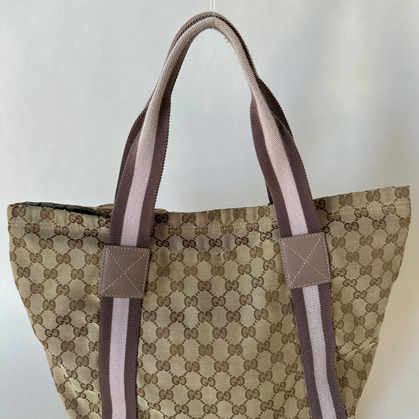 Gucci Brown Monogram Tote W/ Lilac Web Stripe