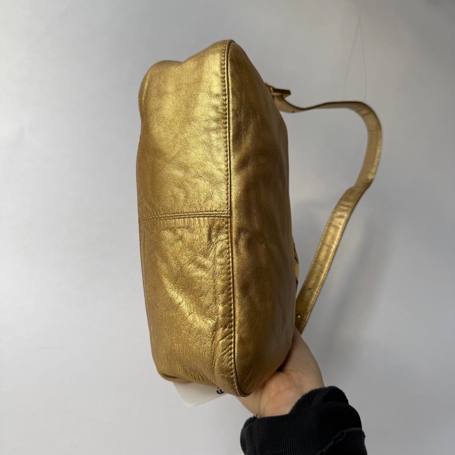 Fendi Gold Metallic Leather Rounded Baguette Shoulder Bag