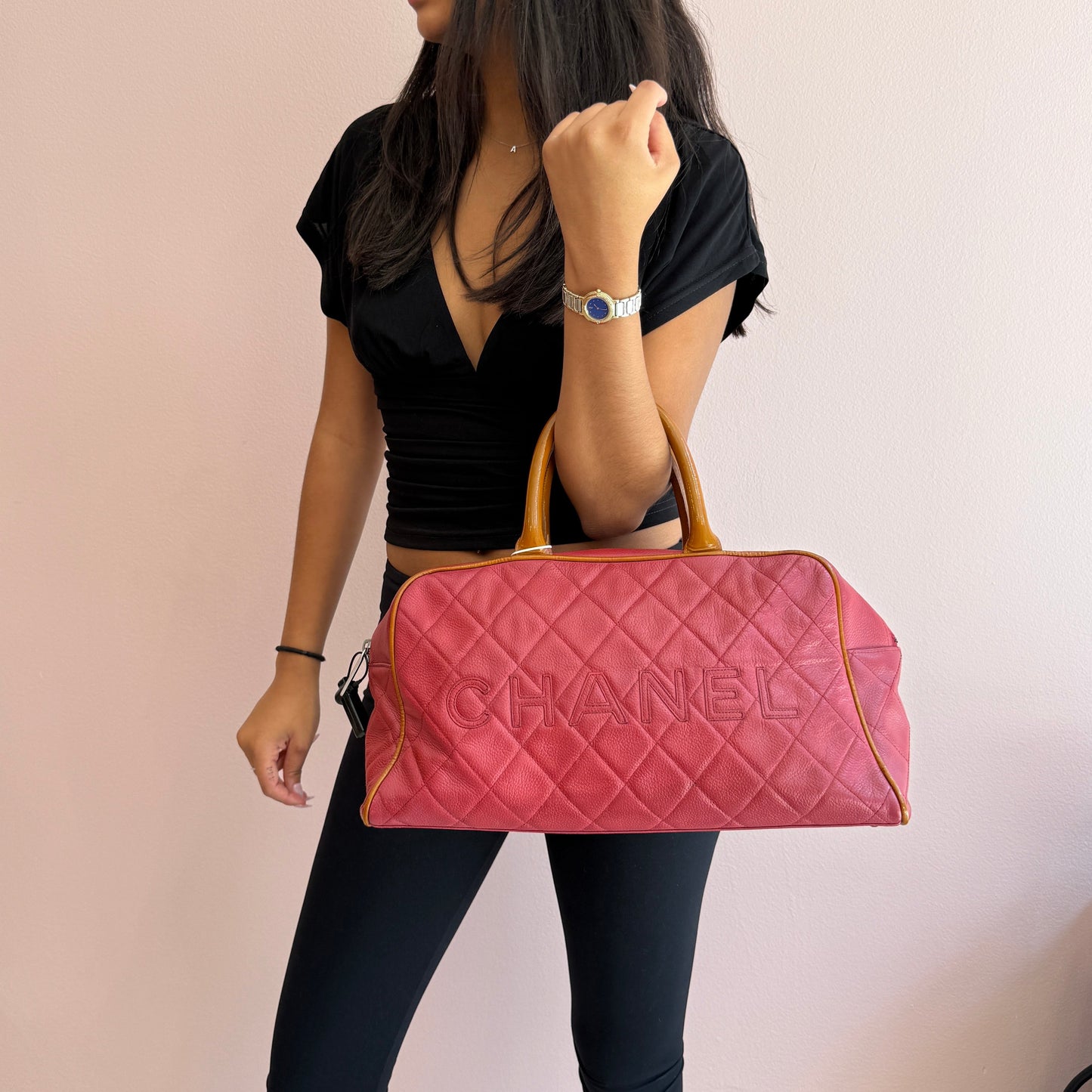 Chanel Red Caviar Leather Quilted Embroidered Boston Bag