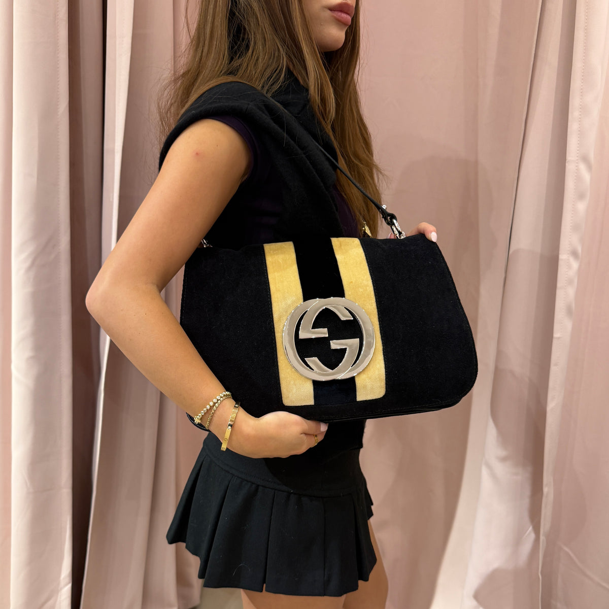 Gucci Black Velour & Leather Blonde Handbag