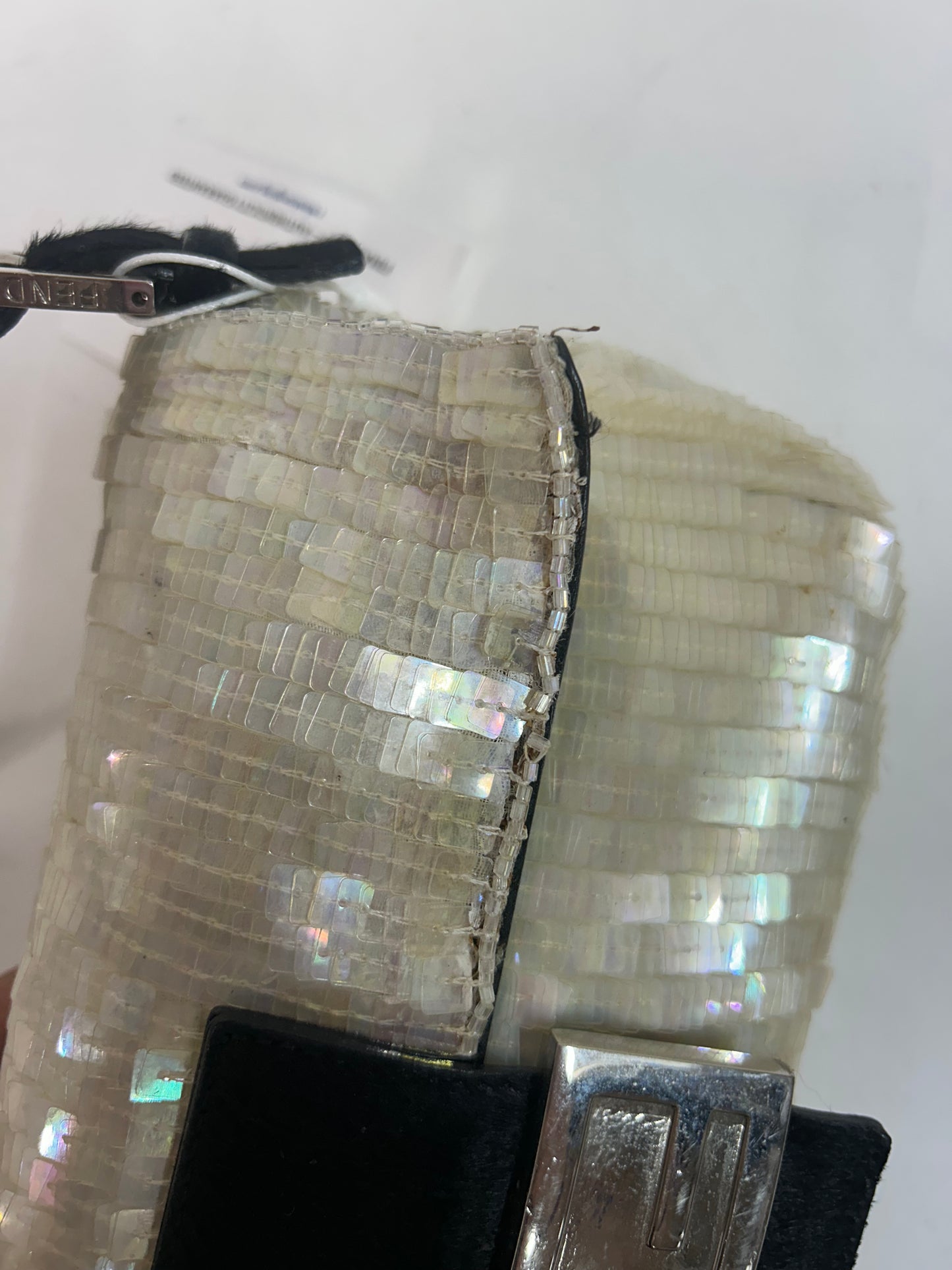 Fendi Ivory Shimmer Sequin & Beaded Baguette with Ponyhair Shoulder Bag